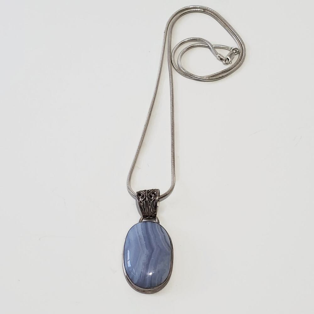 Blue Lace Agate Cabochon Pendant Italian Sterling Silver Snake Chain Necklace